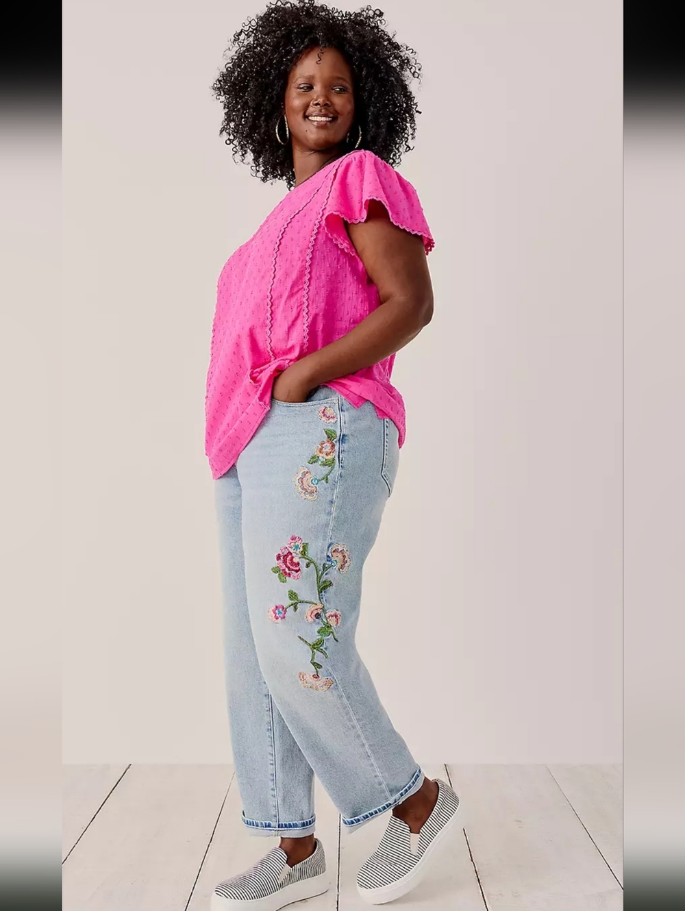 Lane Bryant Signature Fit Mid Rise Boyfriend Jeans with Floral Embroidery